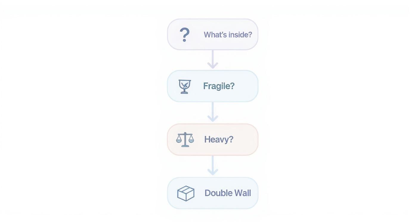 Flowchart showing packaging decision process from contents identification to fragile, heavy, and double wall boxes