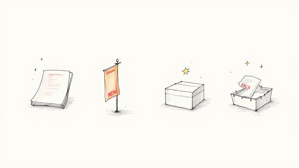 Hand-drawn illustration of a document stack, menu banner, closed box, and an open box with 'TALK' note.