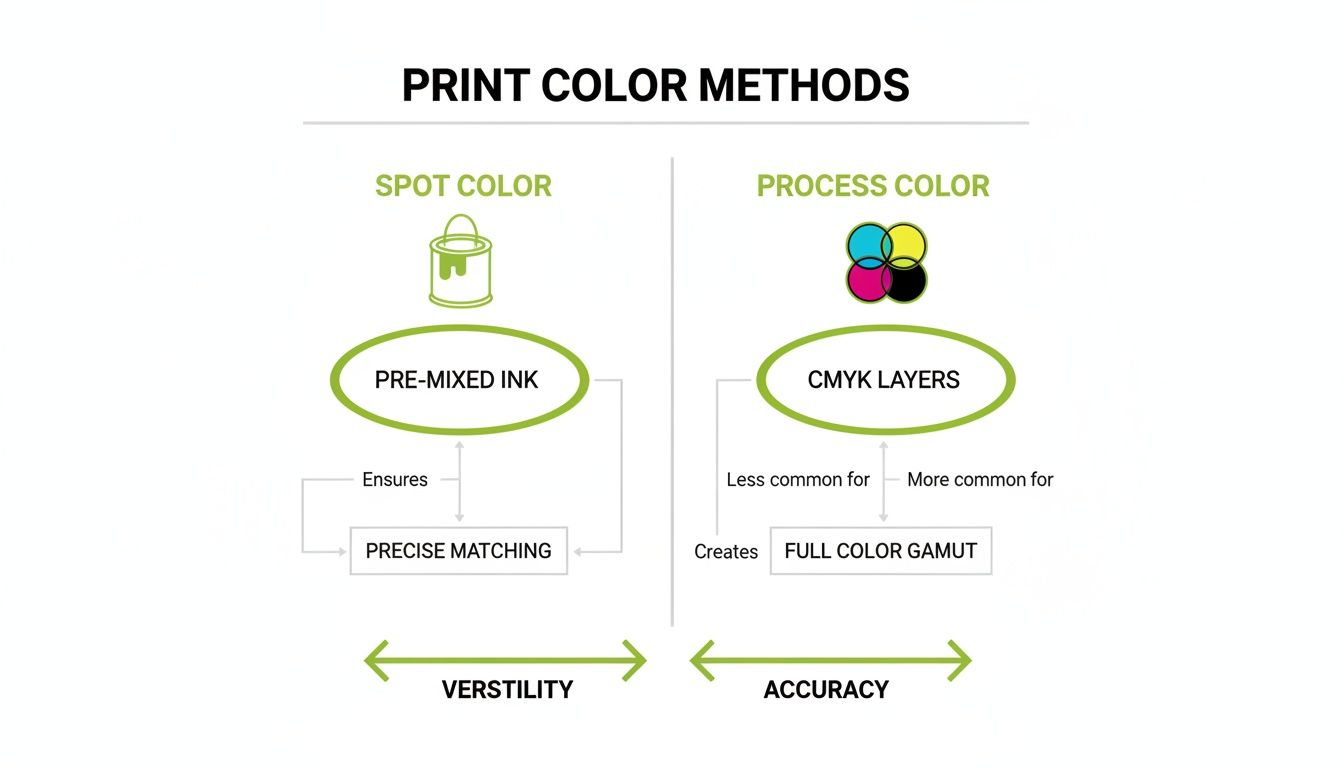 Infographic on print color methods, comparing Spot Color (pre-mixed ink, precise matching) and Process Color (CMYK layers, full gamut).