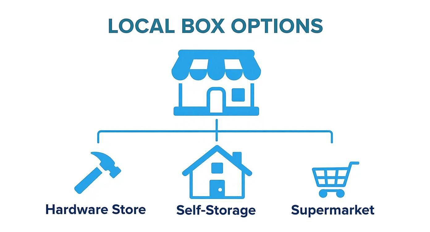Infographic illustrating various local box options, including hardware stores, self-storage facilities, and supermarkets.
