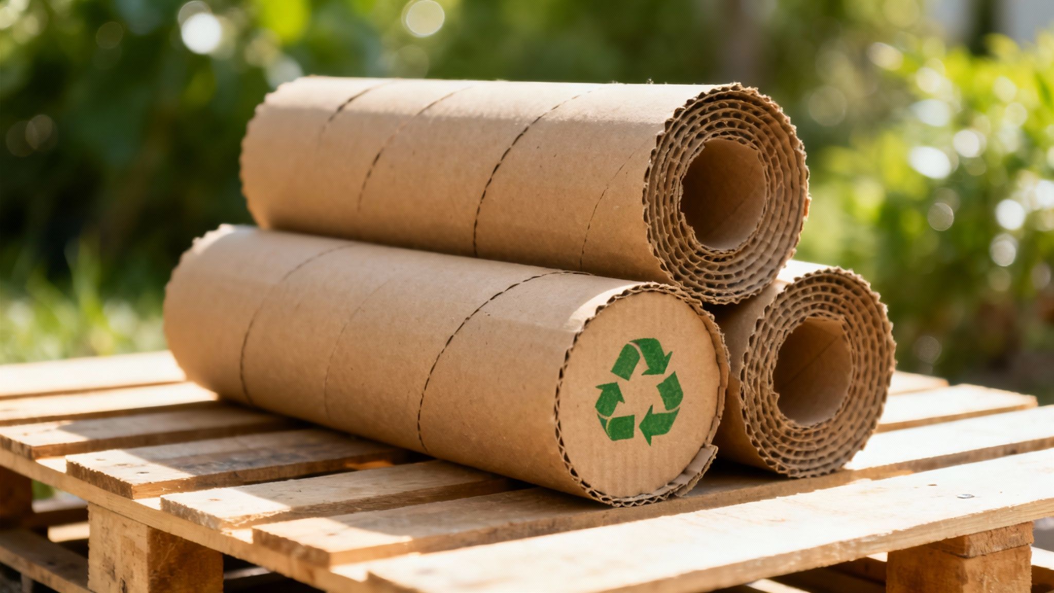 Stack of brown corrugated cardboard rolls with a green recycling logo on a wooden pallet.