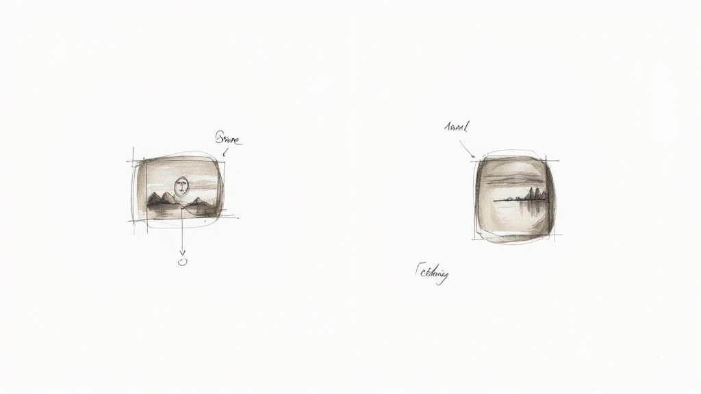 Two hand-drawn, sepia-toned concept sketches showing landscapes, one with a sun-face and mountains, the other with trees.