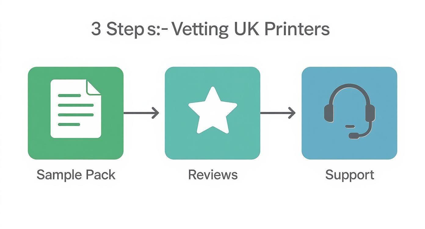 A 3-step process flowchart for vetting UK printers: Sample Pack, Reviews, and Support.