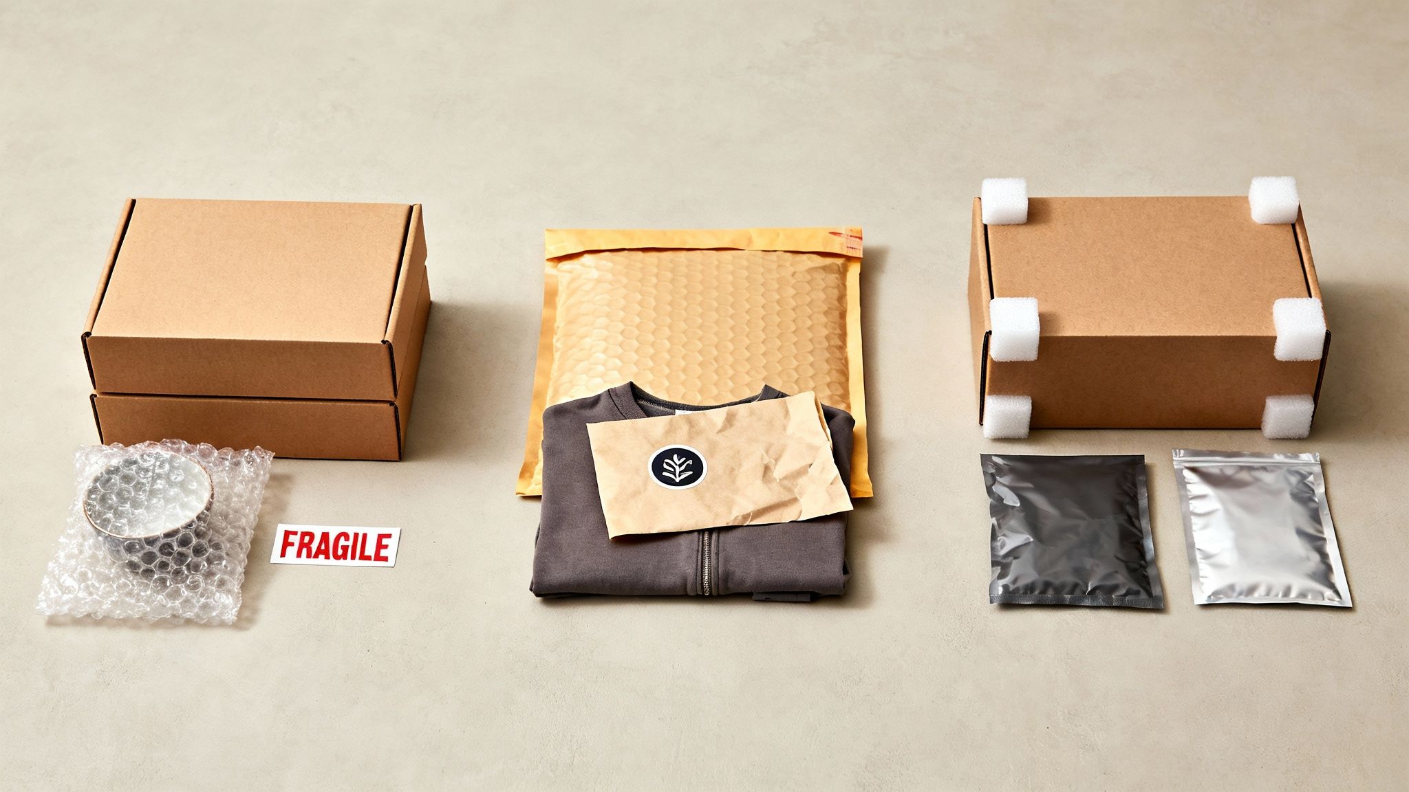 Diverse e-commerce packaging solutions, including cardboard boxes, bubble wrap, mailers, and protective foam.