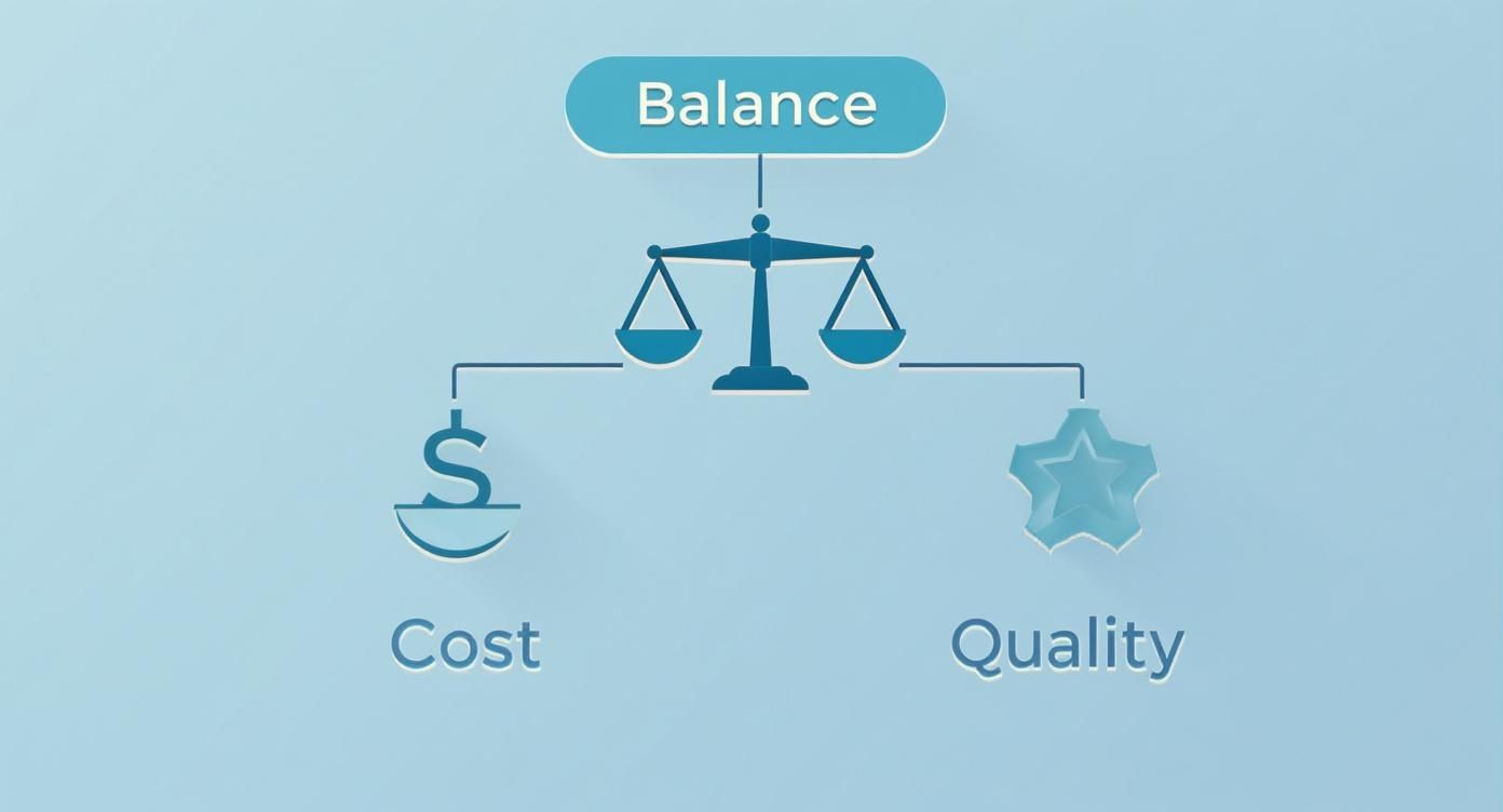 Infographic showing a balanced scale representing the relationship between cost (dollar sign) and quality (star).