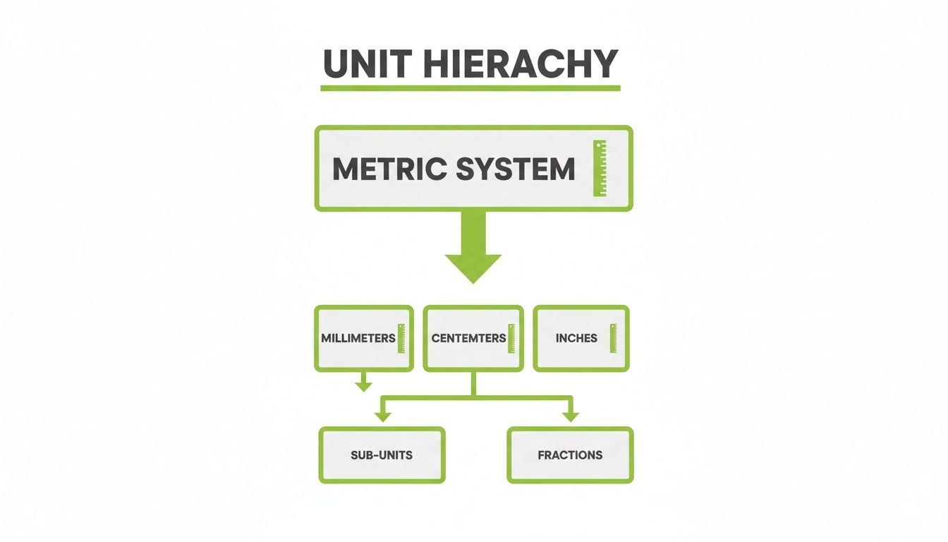 A hierarchy diagram illustrating measurement units: Metric System, Millimeters, Centimeters, Inches, Sub-Units, and Fractions.