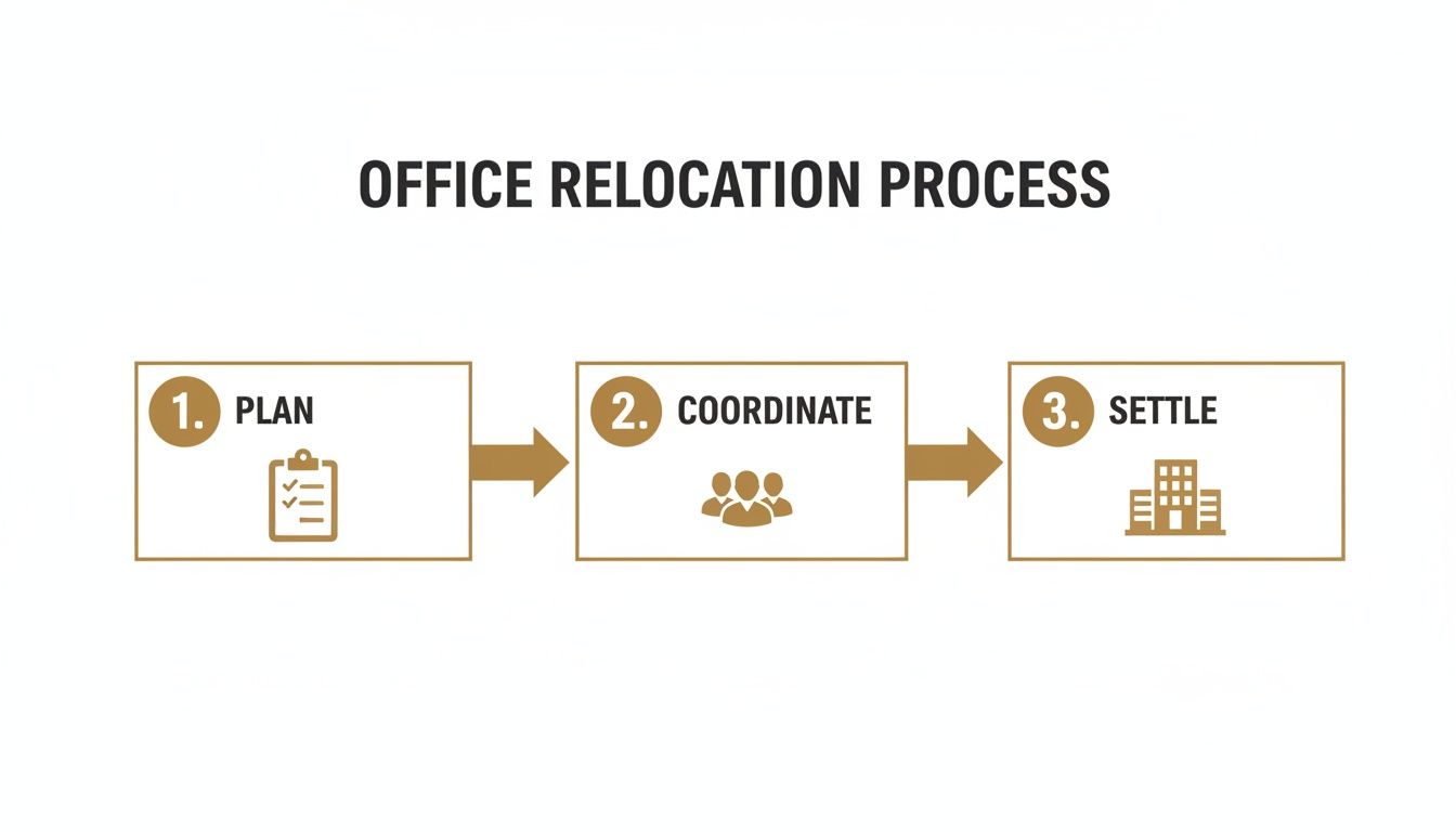 An infographic showing a three-step office relocation process: 1. Plan, 2. Coordinate, 3. Settle, with icons.
