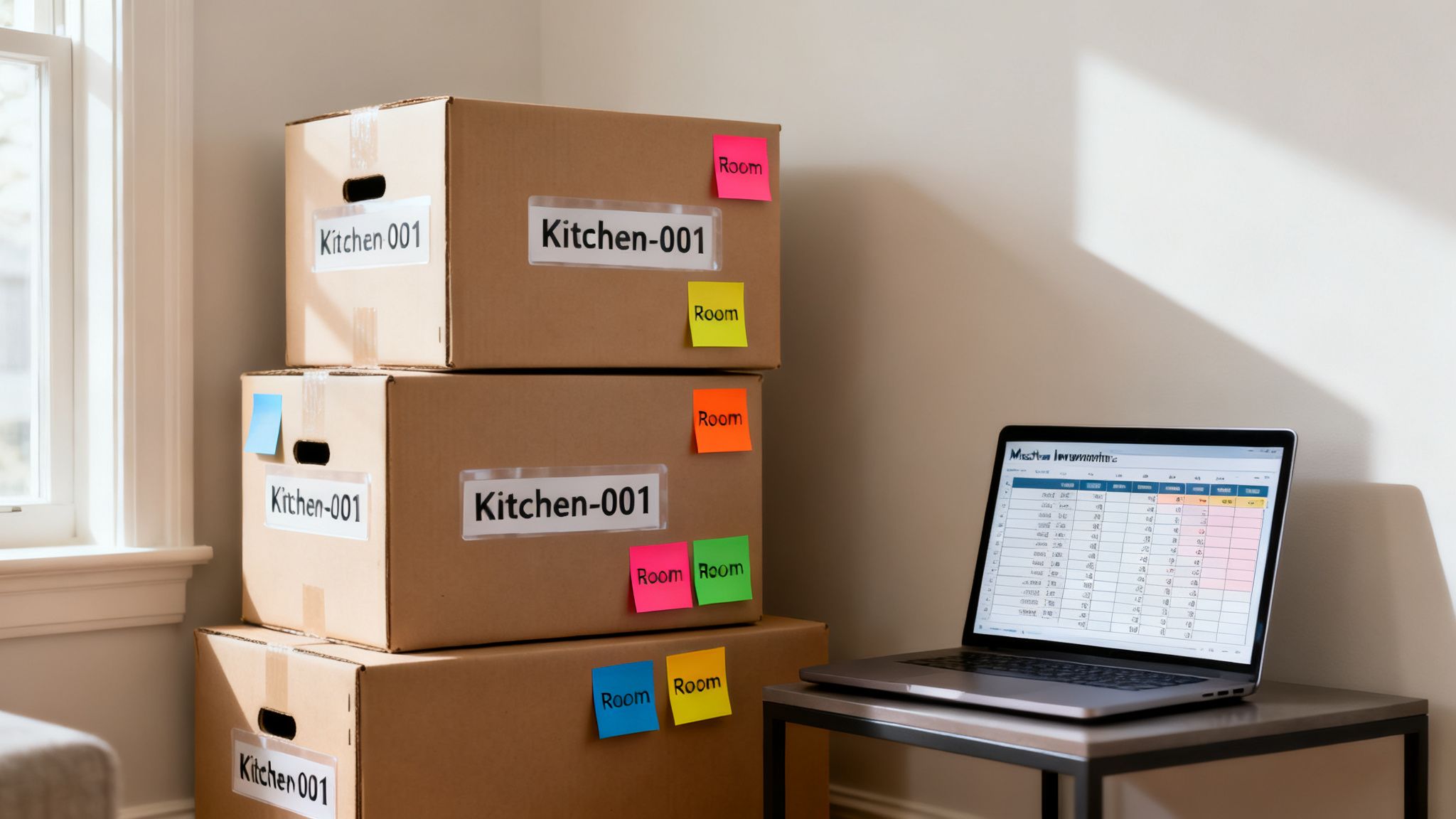 Stack of moving boxes labeled for the kitchen, with colorful sticky notes, beside a laptop on a table.