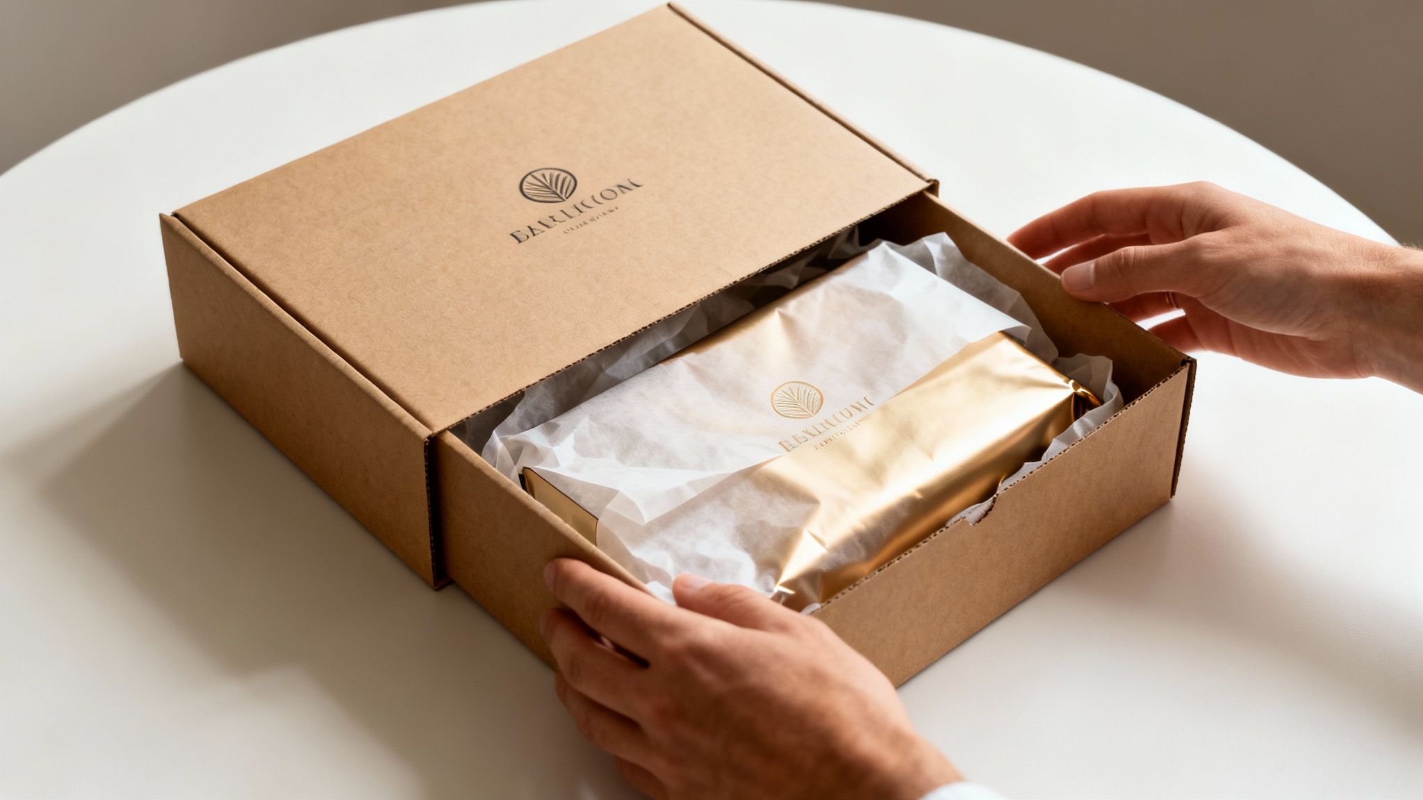 Hands unboxing a brown cardboard package containing a golden-wrapped item with a leaf logo.