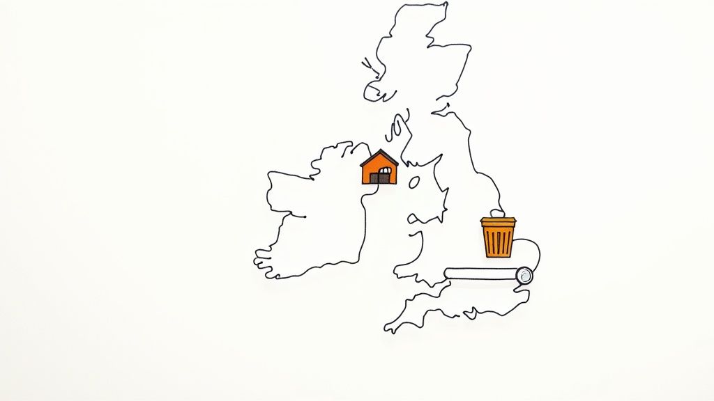Map of United Kingdom showing regional recycling locations with warehouse and waste bin icons