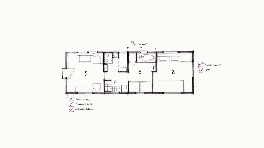 A hand-drawn floor plan sketch displays rooms 5, 6, and 8 with furniture and notes.