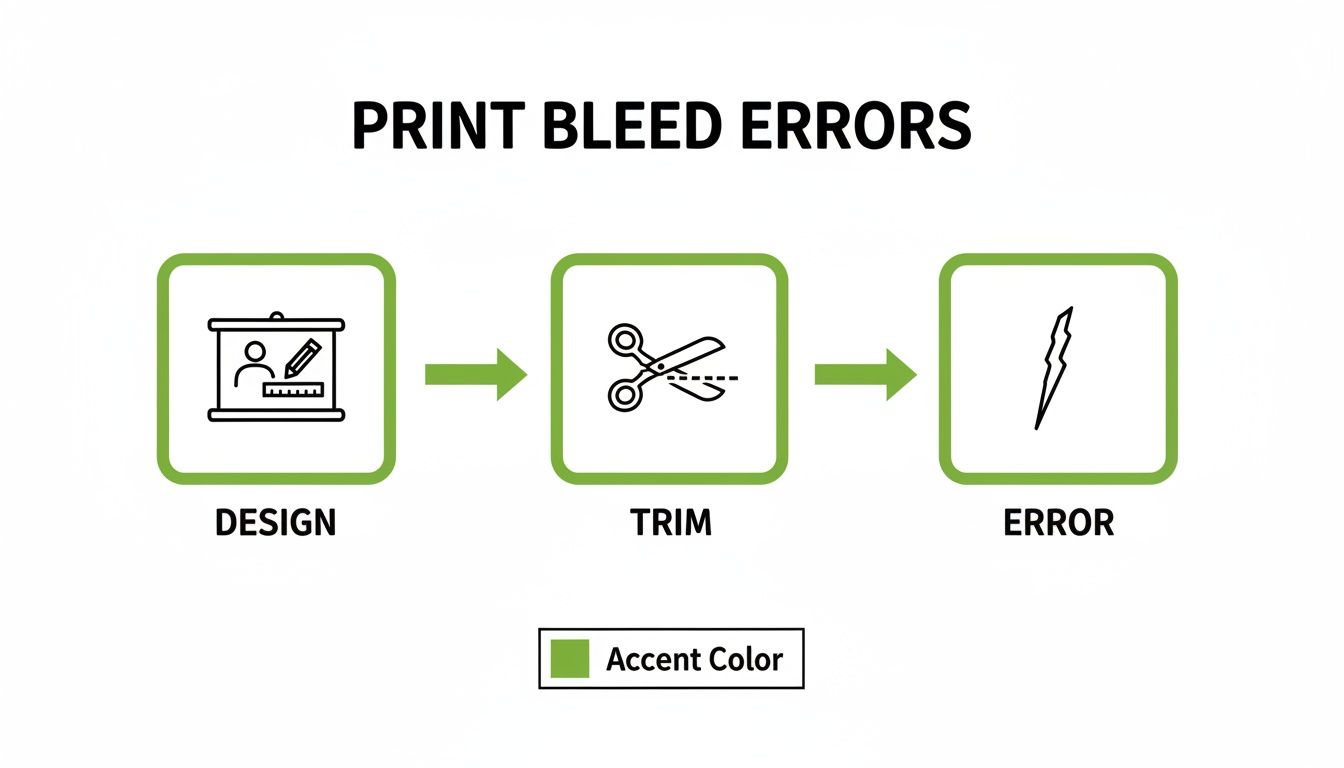 Flowchart illustrating print bleed errors, showing the process from design to trim, resulting in a print error.
