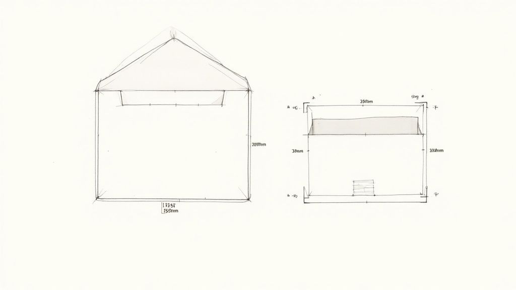 Technical drawing showing front and side view of standard envelope with detailed measurements in millimeters