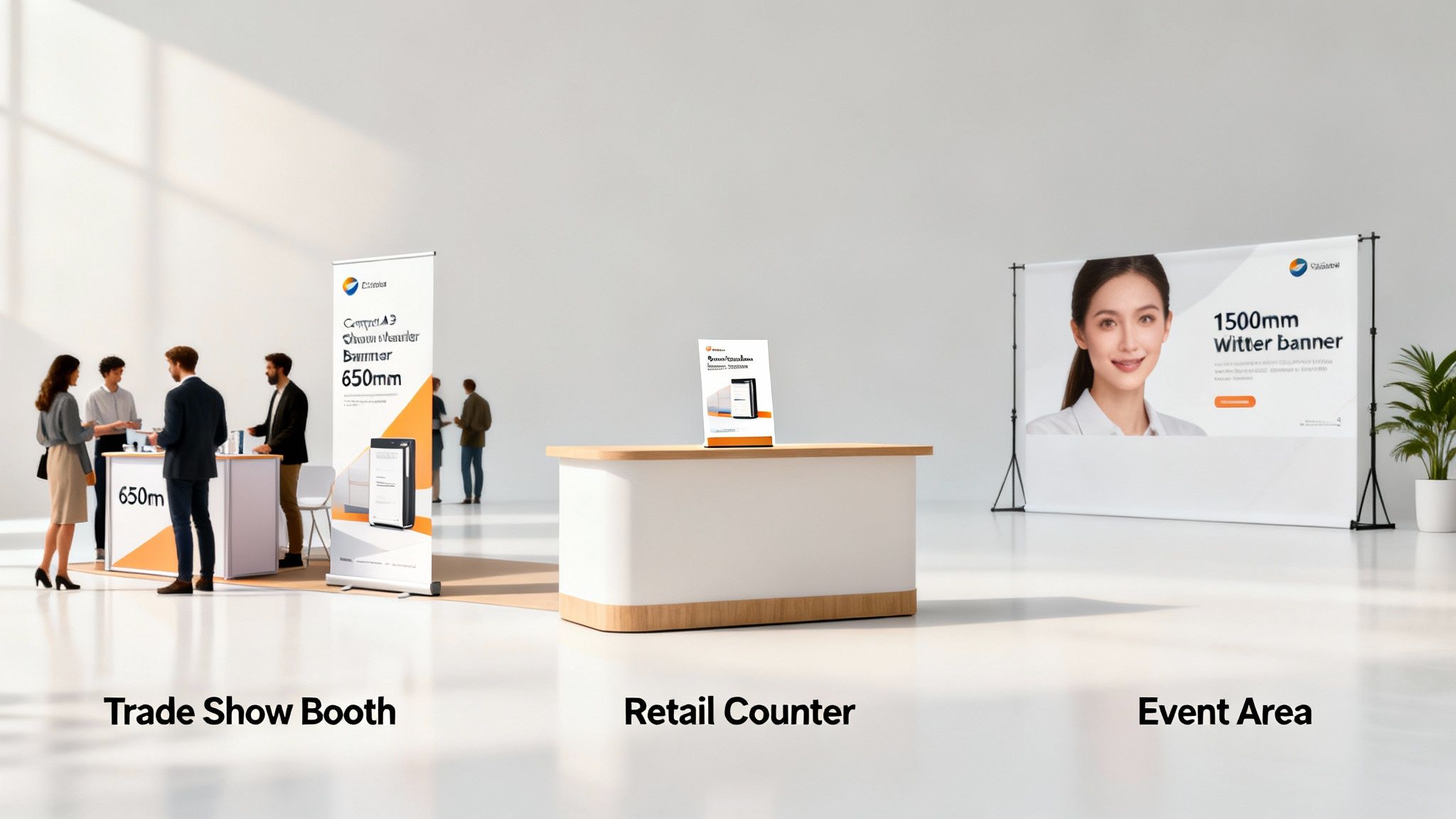 A bright indoor space featuring a trade show booth, a retail counter, and an event area with various banners and people.