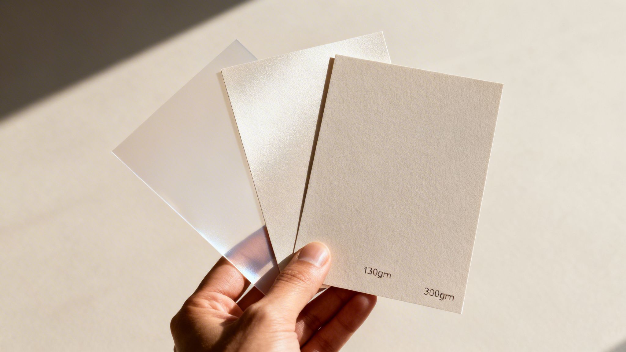 A hand holds three different paper samples: a translucent sheet, a shimmery paper, and a matte textured cardstock.