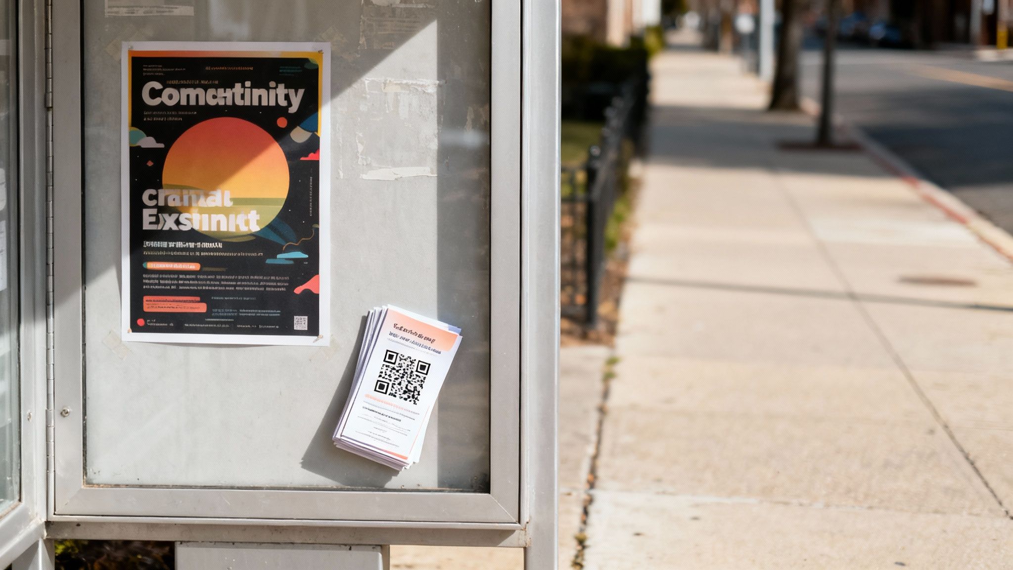 A poster and flyers with QR codes promoting an event on a street display case, with a sidewalk in the background.