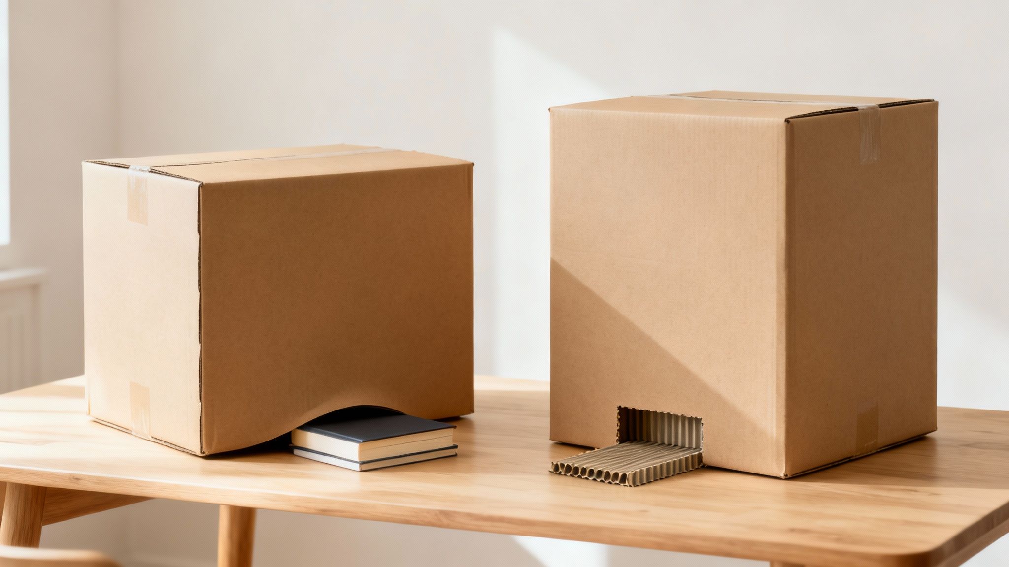 Two creative cardboard box designs on a wooden table; one with books, another with strips.