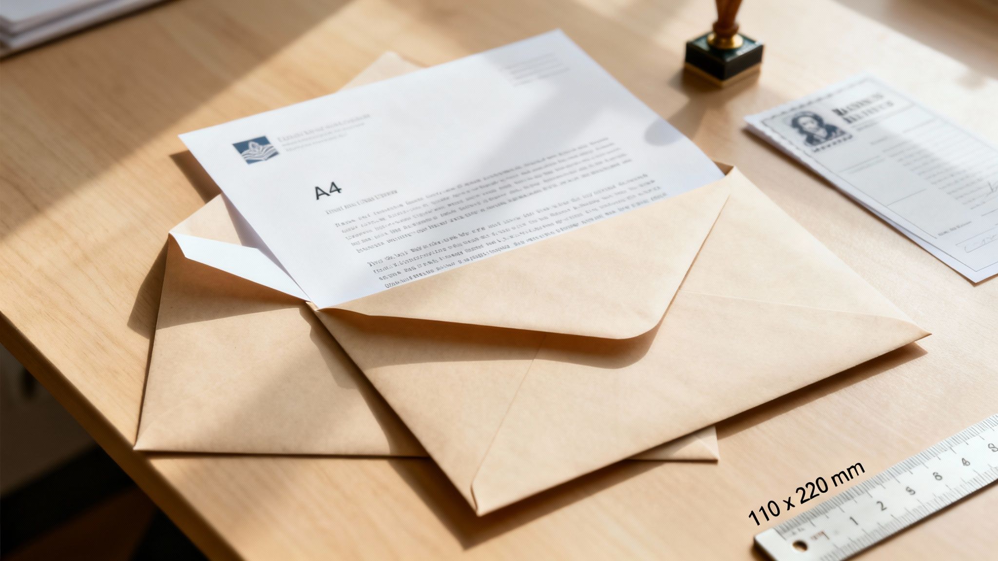 A brown envelope holding a white A4 paper on a wooden desk with a ruler and stamp.