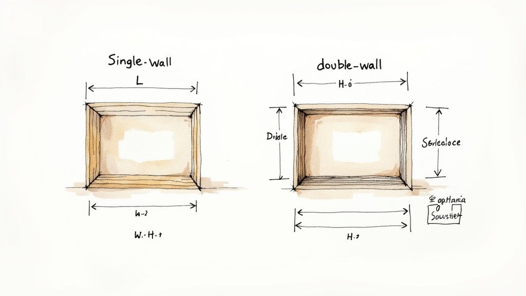 Architectural diagram comparing single-wall and double-wall cardboard box construction with dimensional measurements