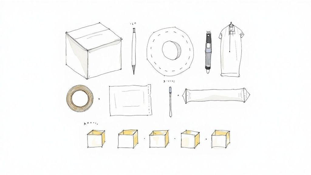 Sketches of various packing supplies including a cardboard box, tape, pens, fabric, and small containers.