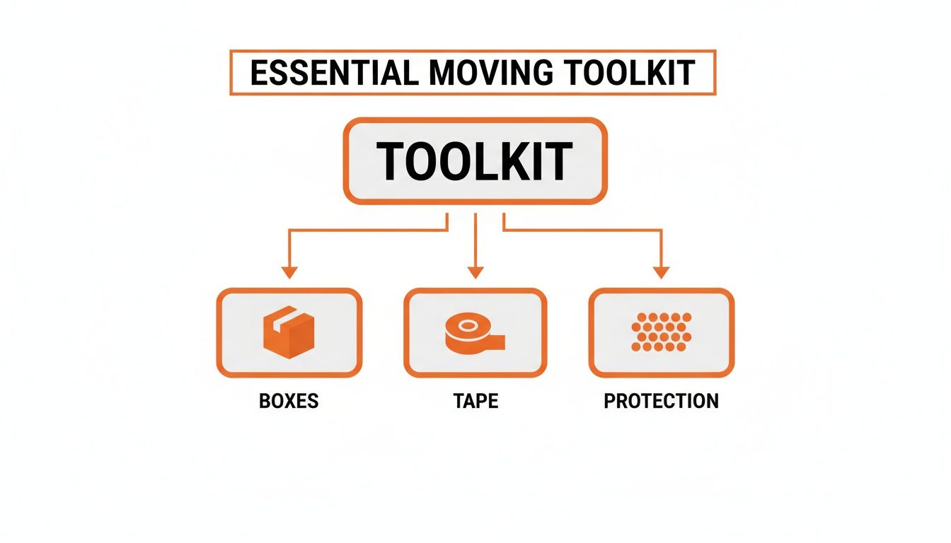 A flowchart showing essential moving toolkit components: boxes, tape, and protection supplies.