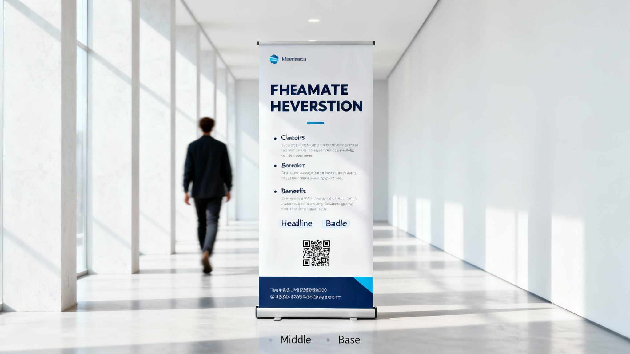 A person walks past a blue and white pull-up banner in a modern, well-lit hallway.