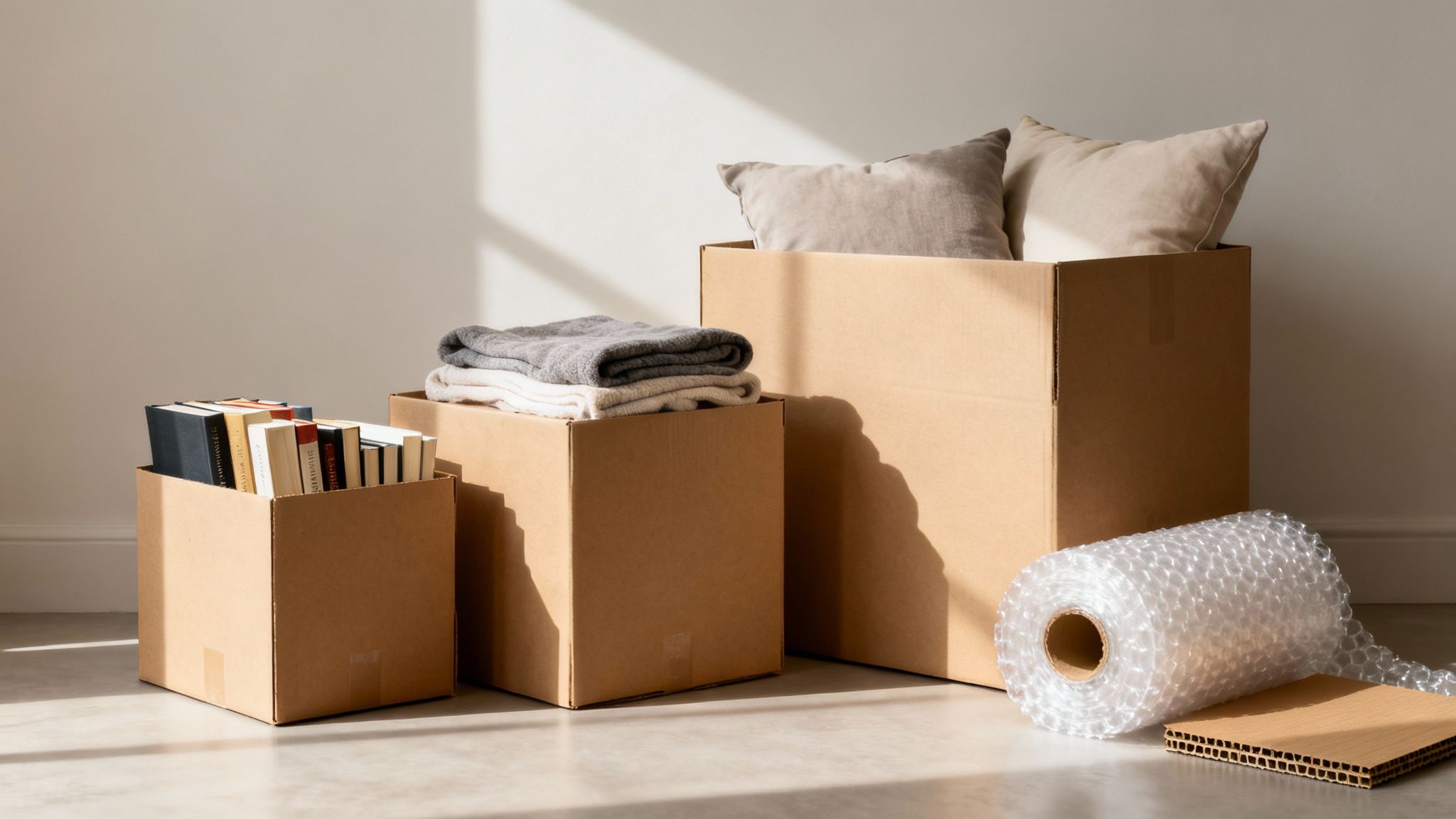 Cardboard moving boxes filled with books, blankets, pillows, and packing supplies on a floor.