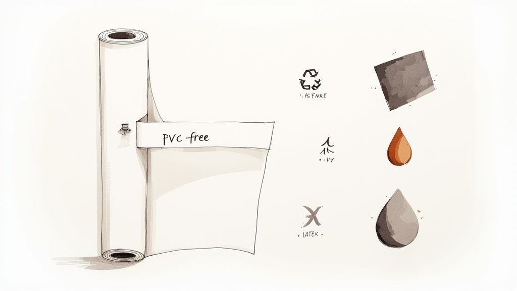 Roll of PVC-free banner material with eco-friendly symbols showing recyclable latex-free UV-resistant properties