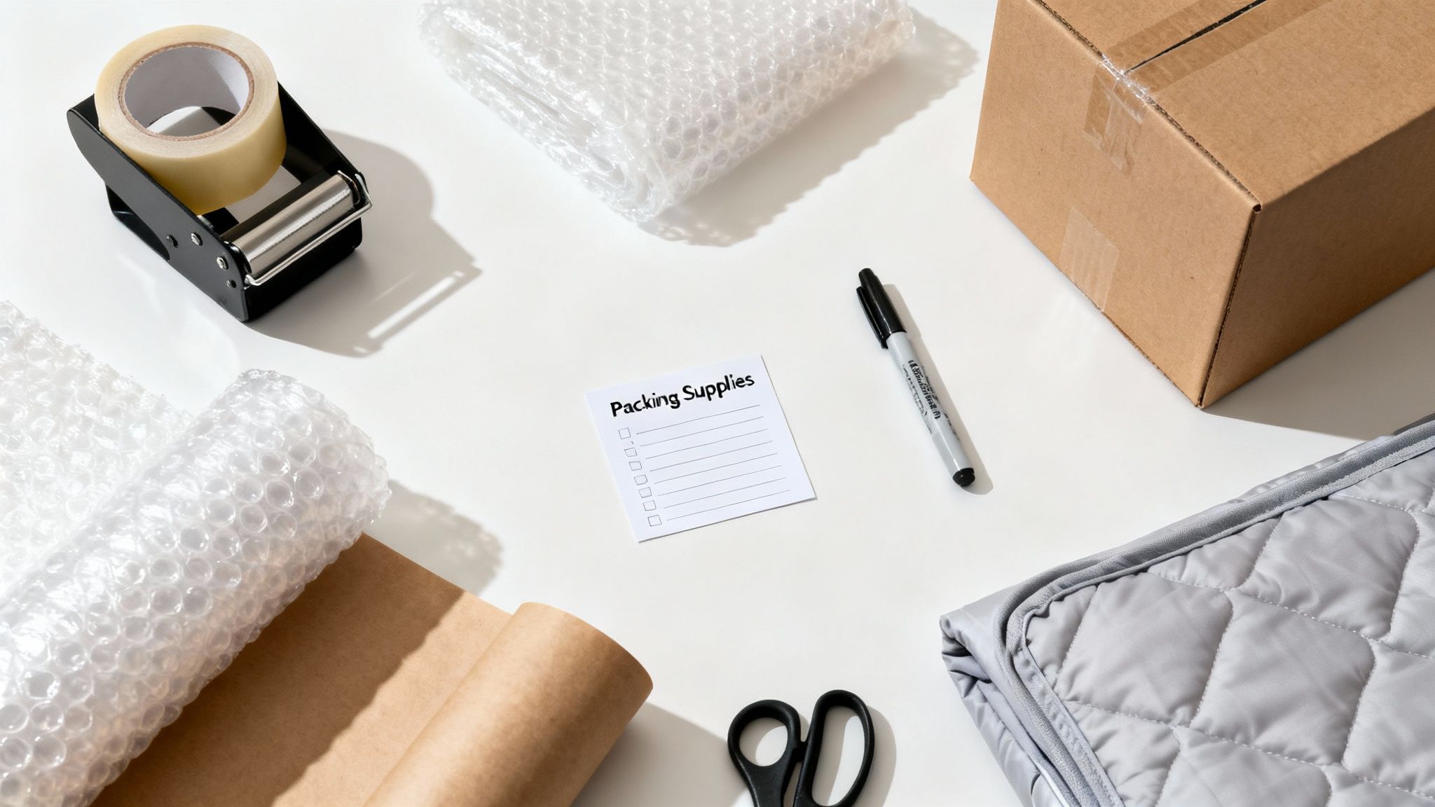 A flat lay of various packing and moving supplies, including bubble wrap, a box, and tape.