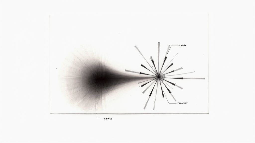An abstract drawing illustrates a dark vignette effect and a starburst pattern with 'MASK', 'OPACITY', and 'CURVES' labels.