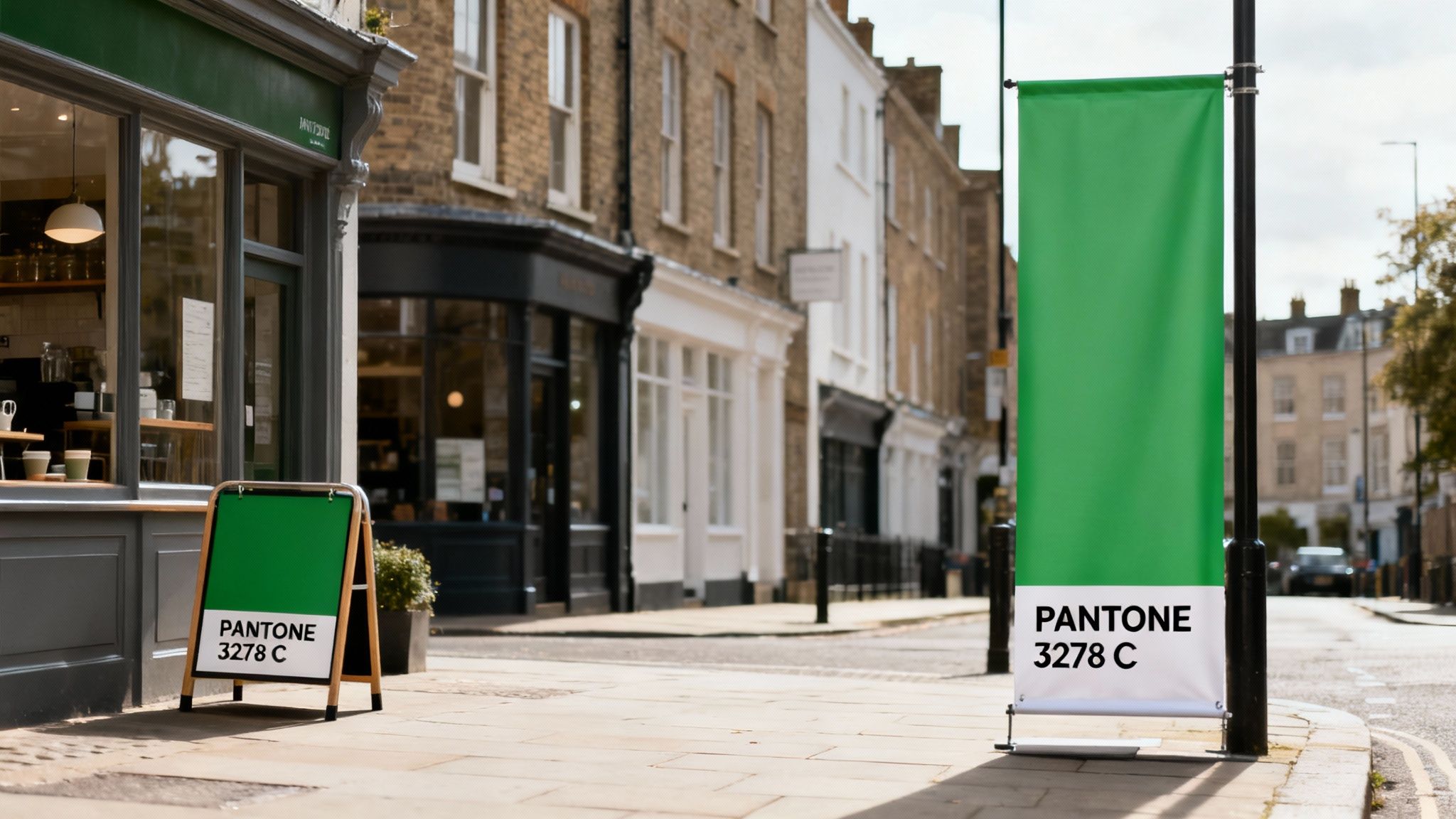 Two vibrant green signs, an A-frame and a banner, displaying PANTONE 3278 C on a city street.