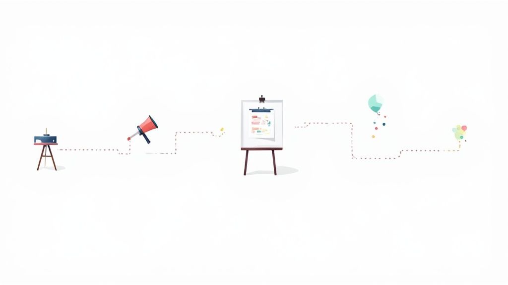 A dotted line connects a computer, megaphone, whiteboard, and abstract creative shapes, illustrating a process.