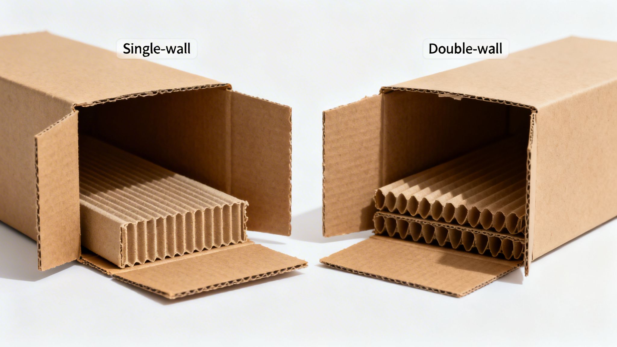 Detailed view of single-wall and double-wall cardboard box construction, highlighting corrugated layers for packaging.