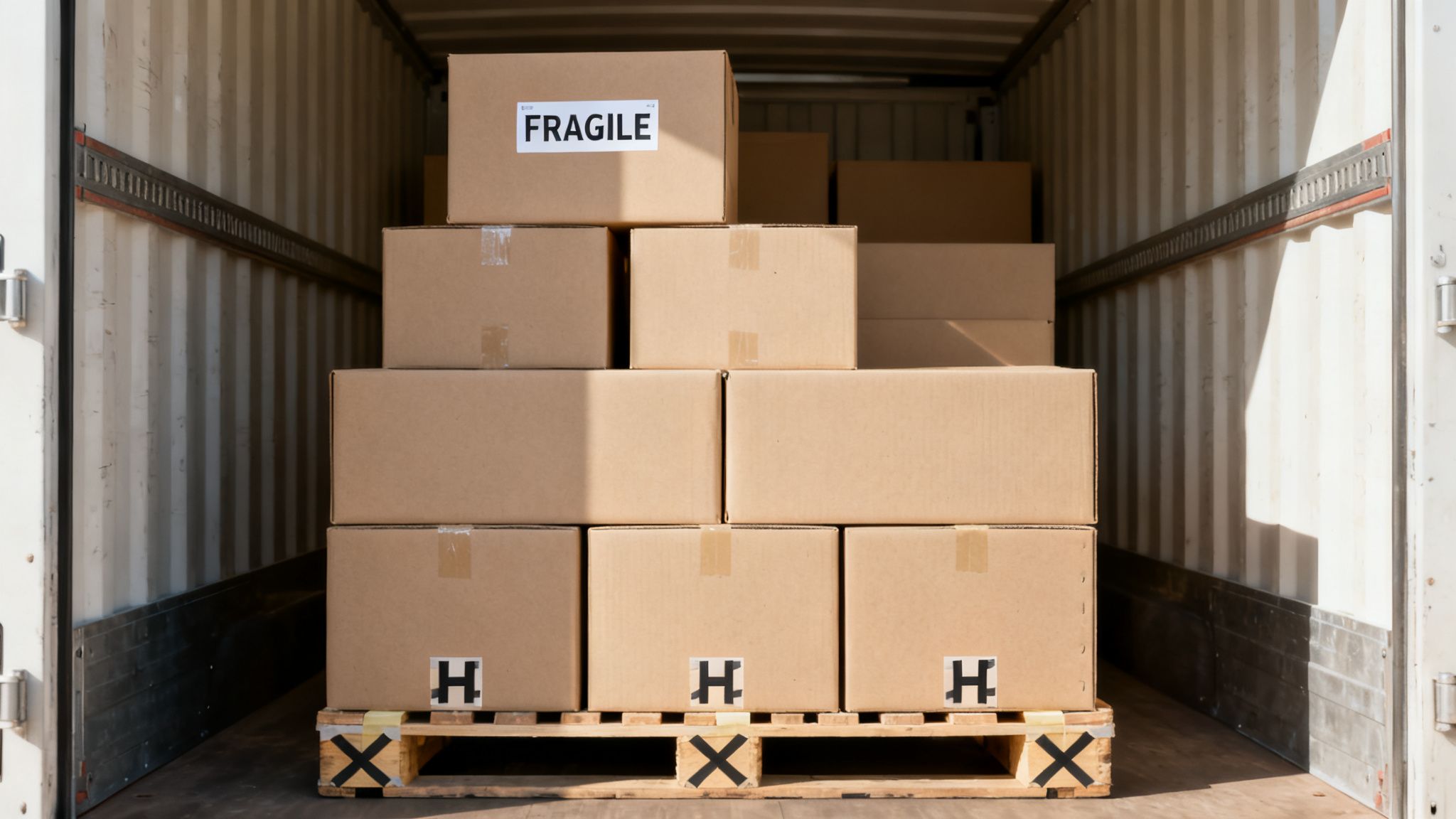 Cardboard boxes, including one labeled 'FRAGILE', stacked on a wooden pallet inside a delivery truck.
