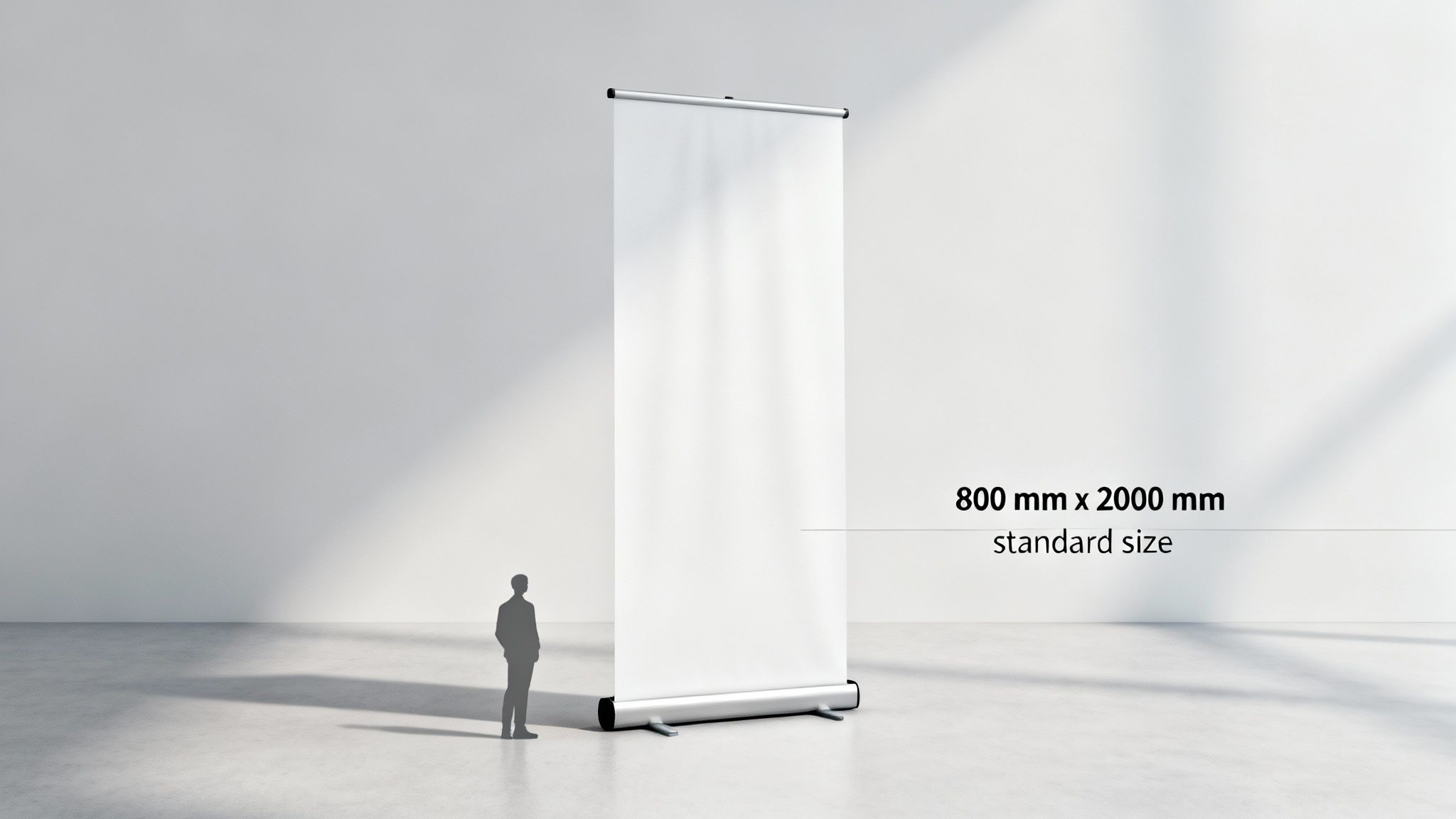 Blank pull-up banner next to a person's silhouette, showing 800mm x 2000mm standard size.