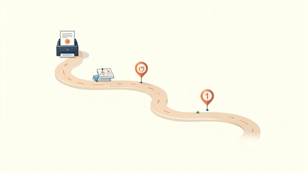 Illustration of a winding road with numbered steps leading to a printer for document production.