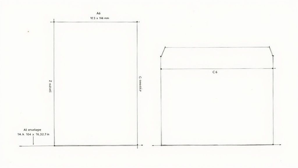 Technical diagram showing A6 and C6 envelope dimensions with measurements in millimeters