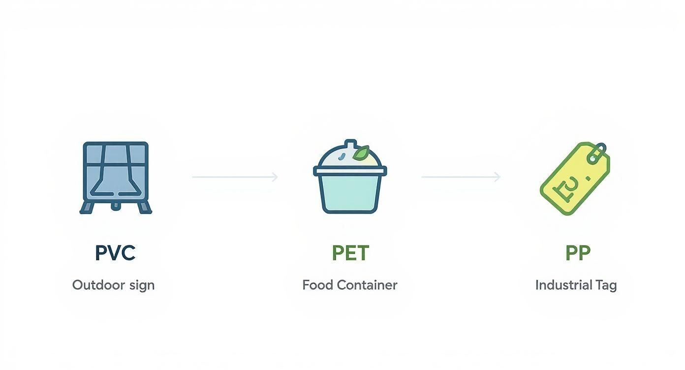 A visual representation of plastic applications: PVC in outdoor signs, PET in food containers, and PP in industrial tags.
