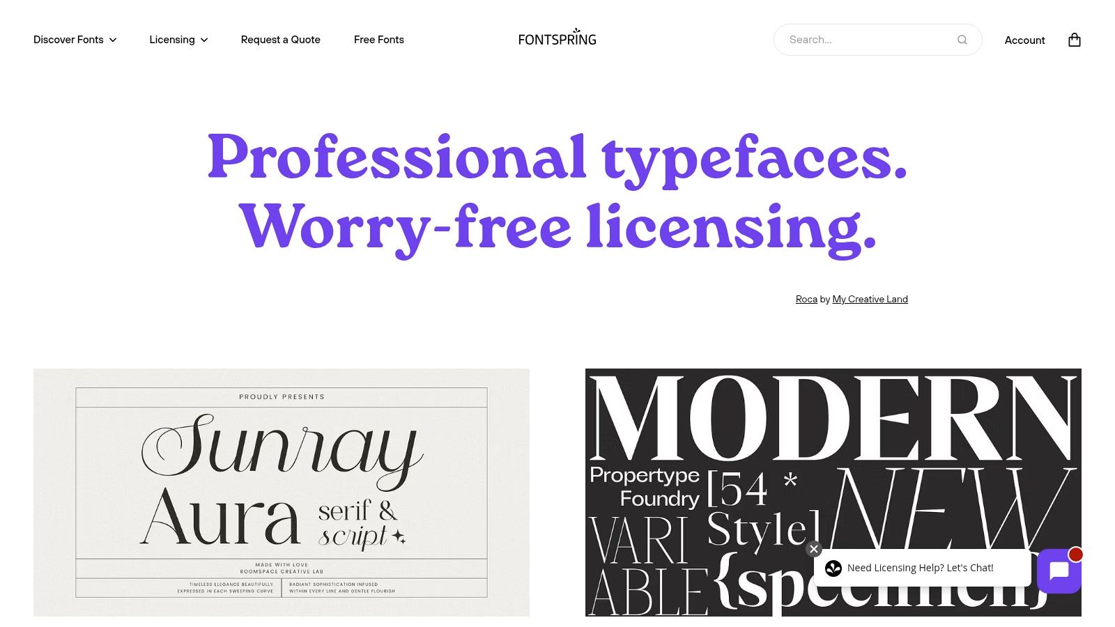 A screenshot of the Fontspring website, showing its clear layout and a showcase of display fonts suitable for posters.