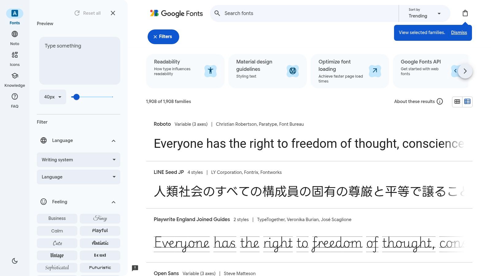 A screenshot of the Google Fonts website, showing its clean interface and font filtering options.