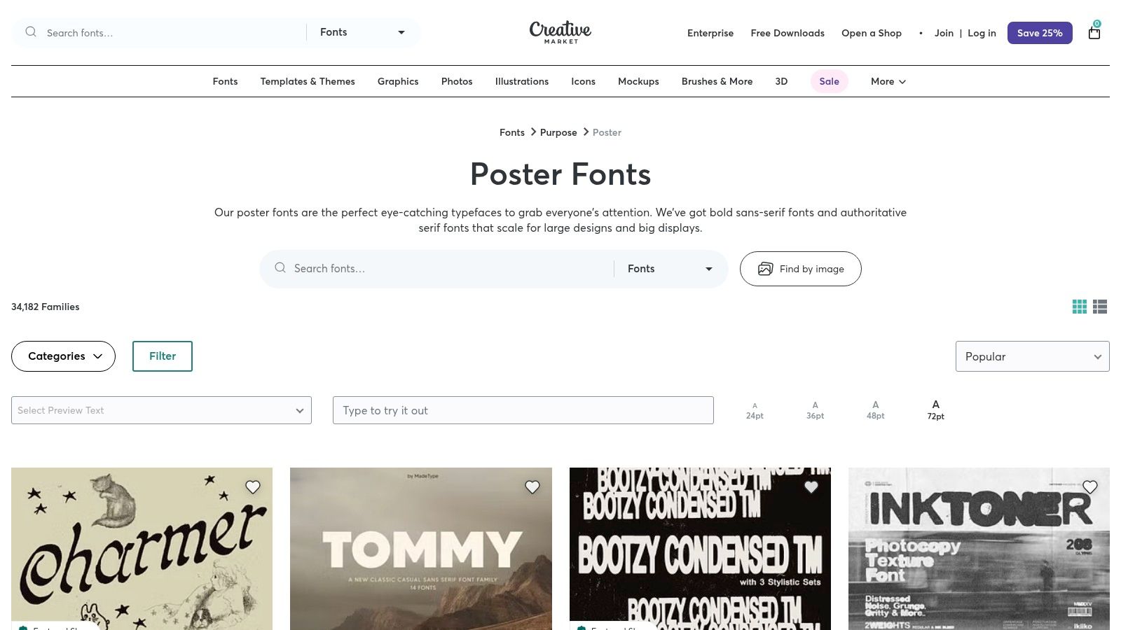 A screenshot of the Creative Market website, showing its focus on indie designers and a diverse range of creative poster fonts.