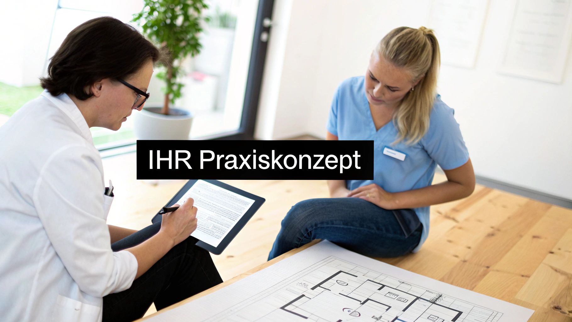 Zwei Frauen besprechen ein Praxiskonzept, eine tippt auf einem Tablet, daneben liegt ein Grundriss. Sie planen gemeinsam.