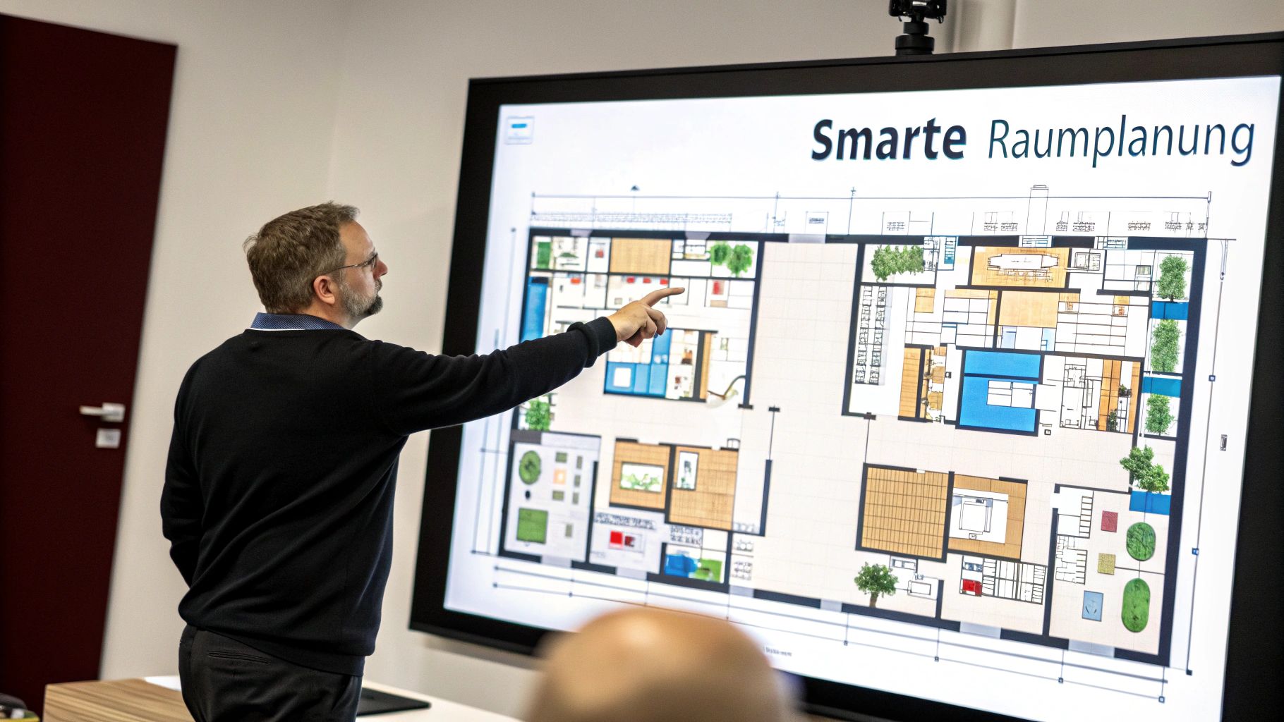 Ein Mann präsentiert einen digitalen Grundriss mit dem Titel "Smarte Raumplanung" auf einem großen Bildschirm.
