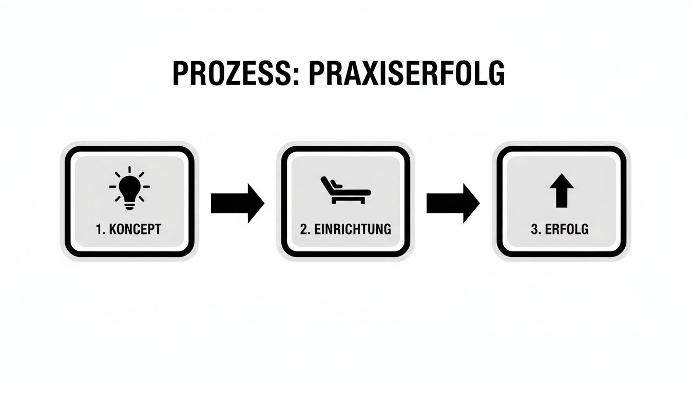 Ein Diagramm zeigt den Prozess für Praxiserfolg: 1. Konzept (Idee), 2. Einrichtung (Möbel), 3. Erfolg (Aufwärtspfeil).