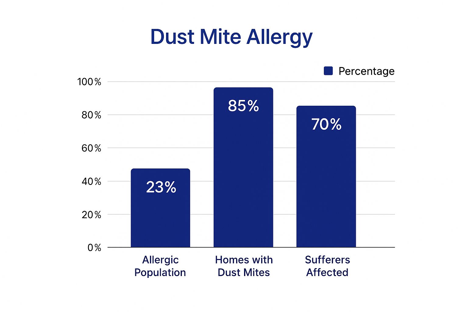Infographic showing that while 85% of homes have dust mites, only 23% of the population is allergic, with 70% of those affected experiencing symptoms.