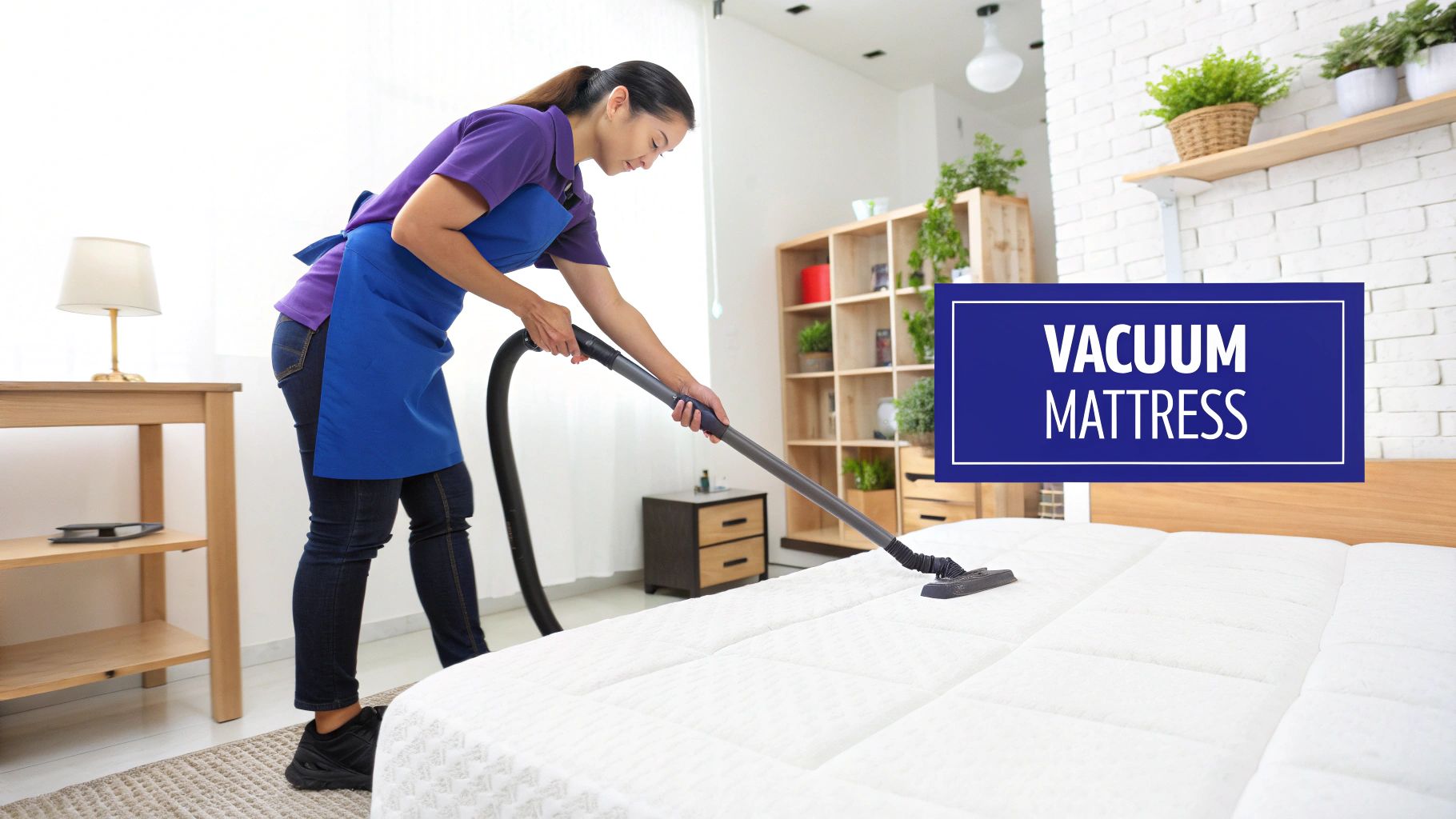 Two hands gently pressing a cloth onto a memory foam mattress to demonstrate a cleaning technique.