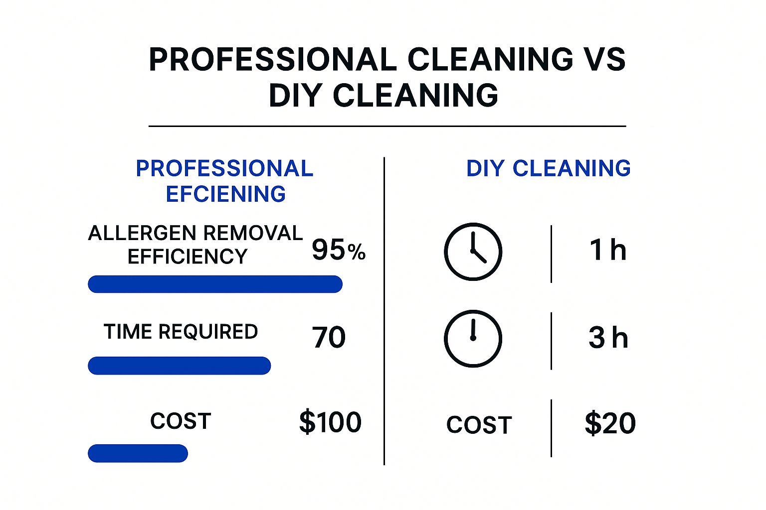 Infographic comparing Professional and DIY mattress cleaning on allergen removal, time, and cost