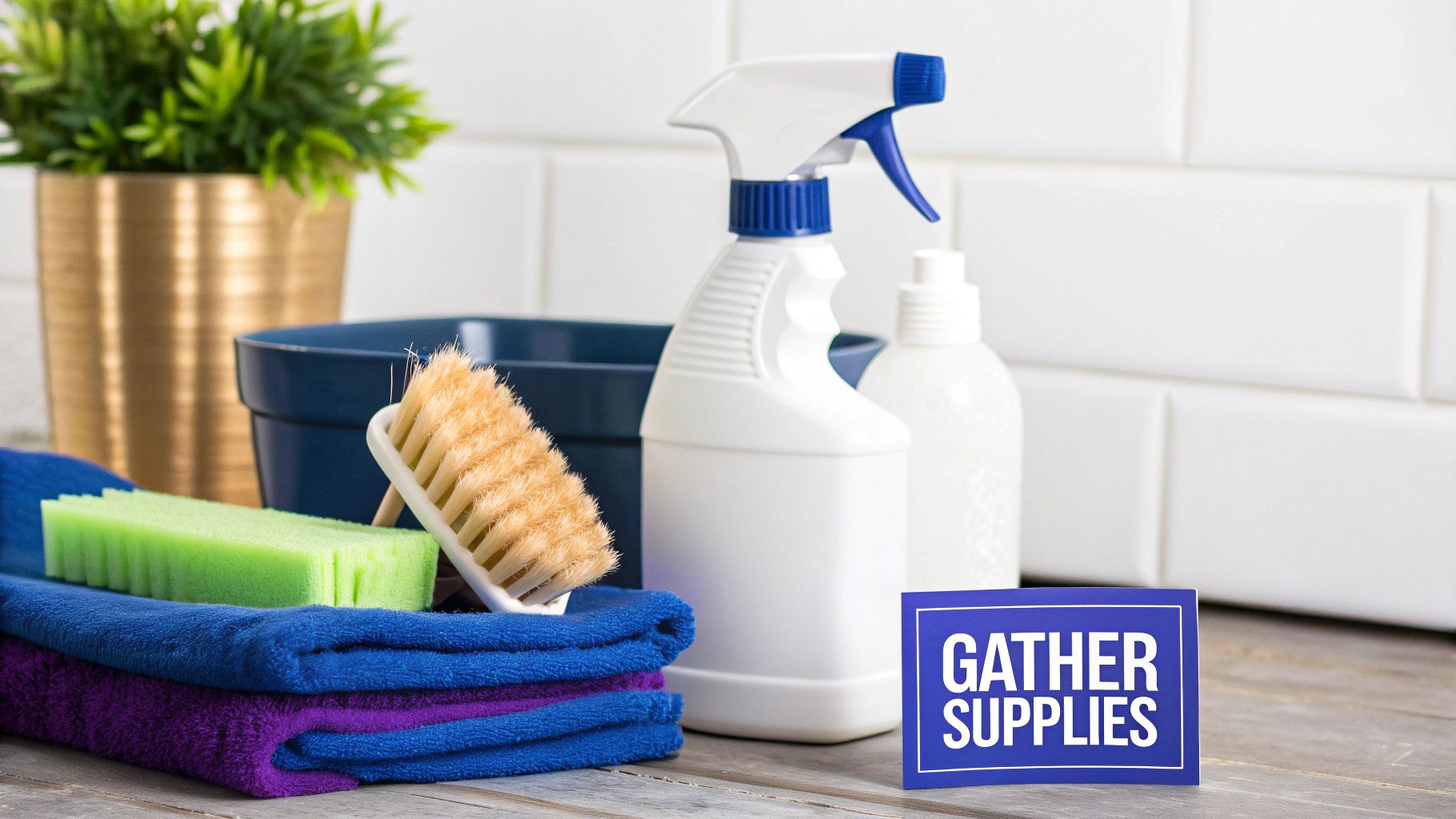 A collection of mattress cleaning supplies including a vacuum, spray bottles, and cloths arranged neatly on a wooden floor.