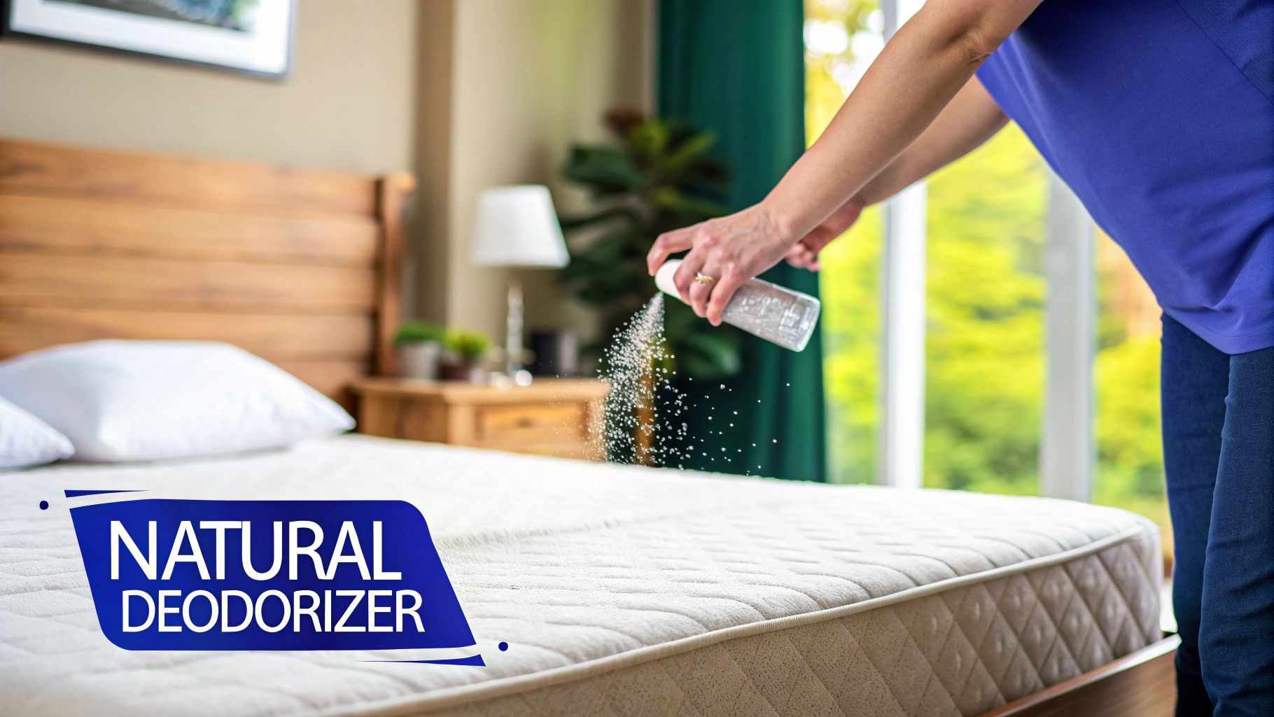 A person is shown spot-treating a stubborn stain on a mattress with a focused, careful technique.