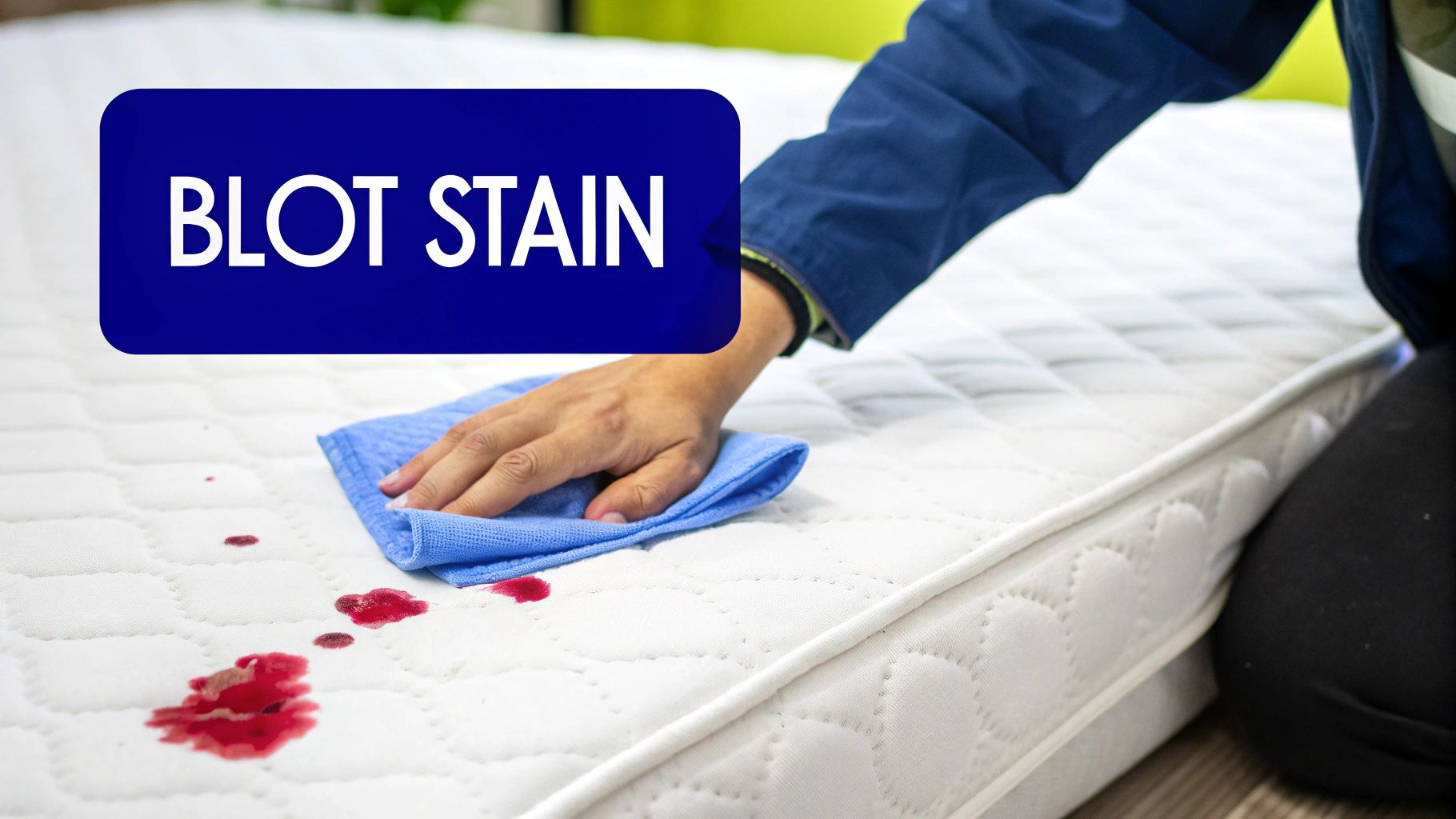 A bottle of bleach and harsh chemicals next to a damaged mattress fabric